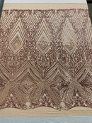 Geometric Sequin Fabric - Rose Gold - Fancy Design 4 Way Stretch Lace Sequin By Yard