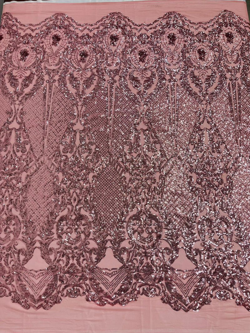 Damask Stretch Sequin - Dusty Rose - Designer Damask Fabric on 4 Way Stretch Mesh Yard