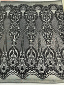 Damask Stretch Sequin - Black - Designer Damask Fabric on 4 Way Stretch Mesh Yard