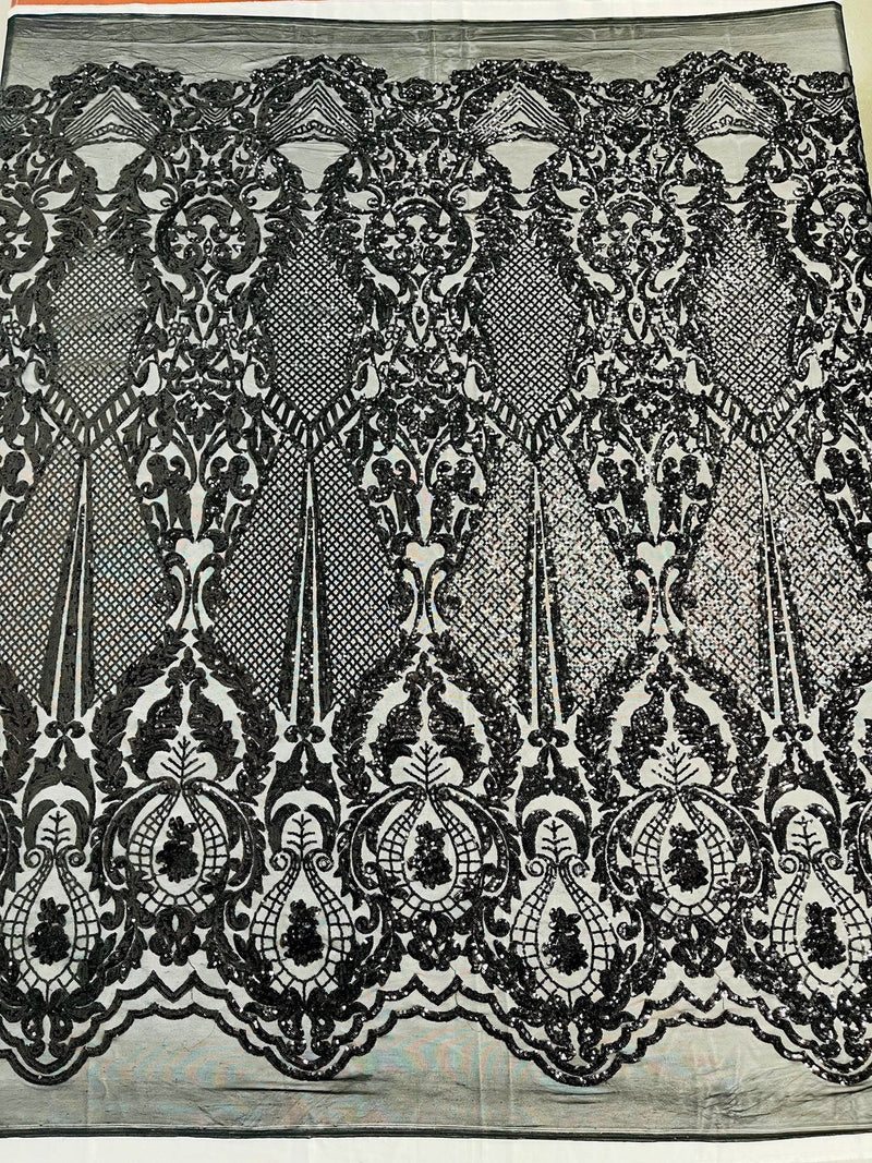 Damask Stretch Sequin - Black - Designer Damask Fabric on 4 Way Stretch Mesh Yard