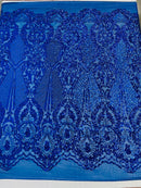 Damask Stretch Sequin - Royal Blue - Designer Damask Fabric on 4 Way Stretch Mesh Yard