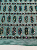 Geometric Stretch Sequin - Hunter Green - Fancy Gem Design on Mesh By Yard