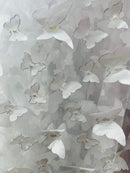 3D Butterfly Design - White - Embroidered 3D Butterfly Design On Mesh By Yard