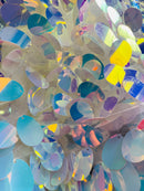 Jumbo Oval Sequins - Iridescent Aqua - Large Oval Sequins on Mesh By Yard