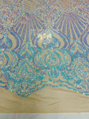 4 Way Stretch Sequin - Iridescent Aqua/Blue - Fancy Design on Mesh By Yard