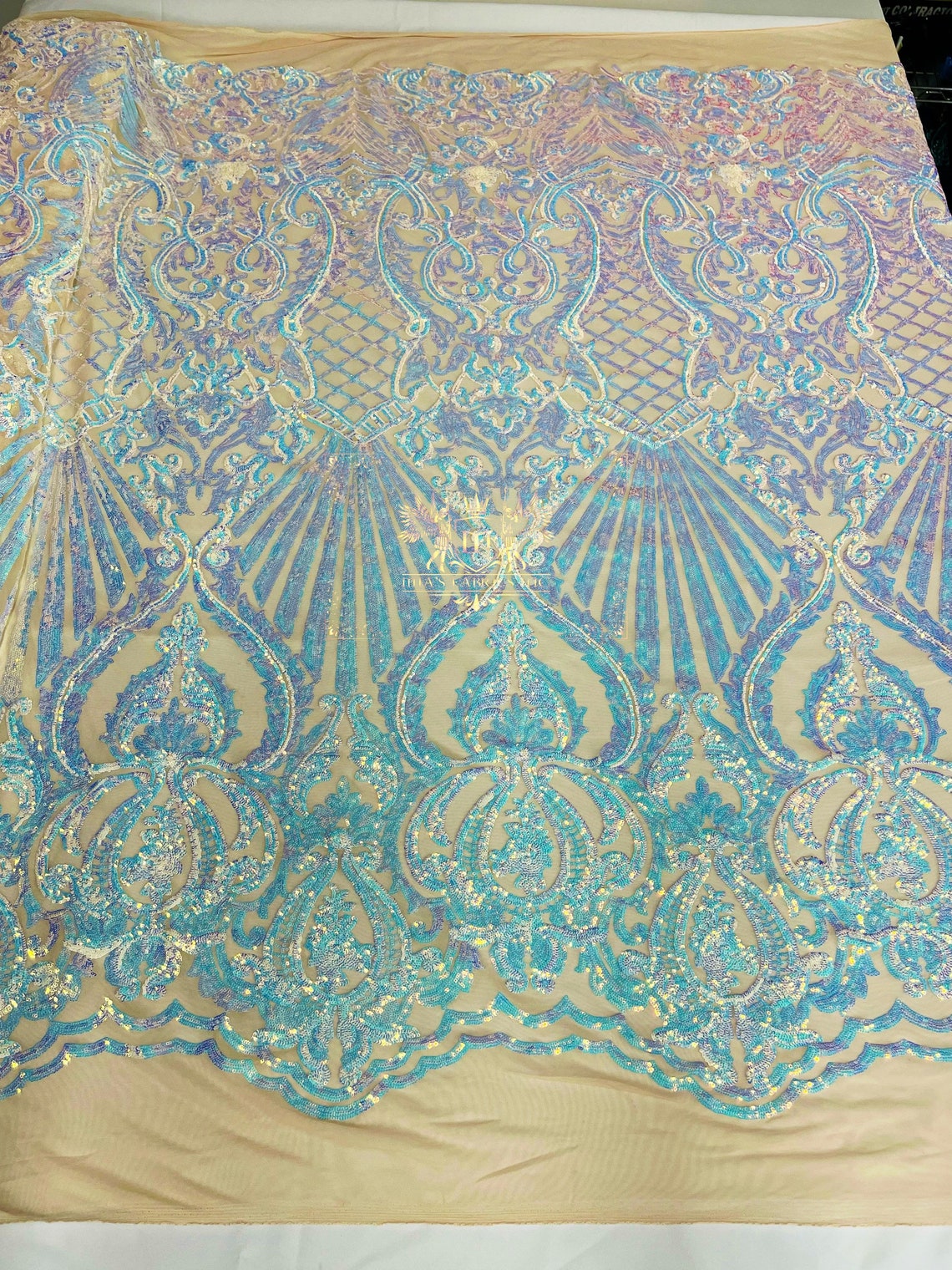 4 Way Stretch Sequin - Iridescent Aqua/Blue - Fancy Design on Mesh By