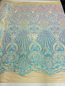4 Way Stretch Sequin - Iridescent Aqua/Blue - Fancy Design on Mesh By Yard