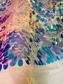 Jumbo Oval Sequins - Iridescent Clear - Large Oval Sequins Paillette on Pink Mesh By Yard