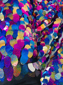 Jumbo Oval Sequins - Holographic Rainbow - Large Oval Sequins Paillette on Mesh By Yard