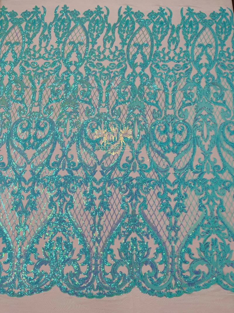 Sequins Fabric - Aqua/Blue on Nude - Damask Pattern 4 Way Stretch Fabric Sold By Yard