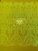 Iridescent Sequins - Yellow - Damask Net Fancy Design 4 Way Stretch Fabric By Yard