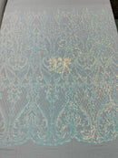 Iridescent Sequins - Baby Blue - Damask Net Fancy Design 4 Way Stretch Fabric By Yard