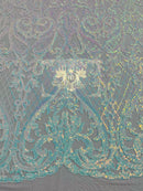 Iridescent Sequins - Baby Blue - Damask Net Fancy Design 4 Way Stretch Fabric By Yard