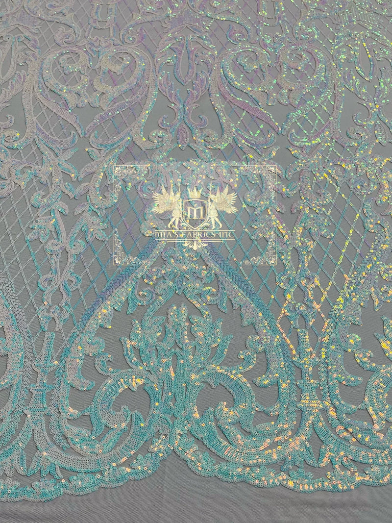 Iridescent Sequins - Baby Blue - Damask Net Fancy Design 4 Way Stretch Fabric By Yard