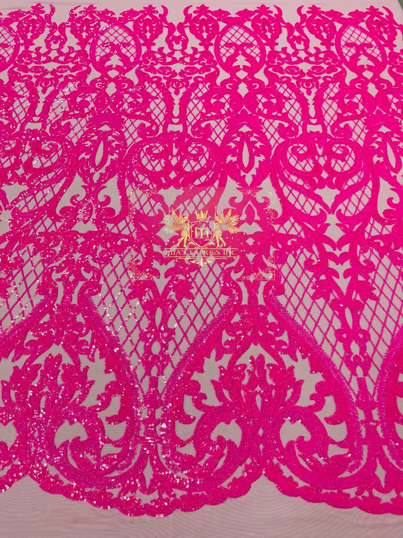 Iridescent Sequins - Pink - Damask Net Fancy Design 4 Way Stretch Fabric By Yard