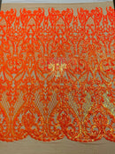 Iridescent Sequins - Orange - Damask Net Fancy Design 4 Way Stretch Fabric By Yard