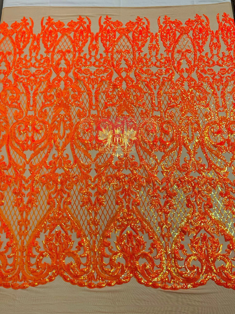 Iridescent Sequins - Orange - Damask Net Fancy Design 4 Way Stretch Fabric By Yard