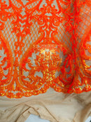 Iridescent Sequins - Orange - Damask Net Fancy Design 4 Way Stretch Fabric By Yard