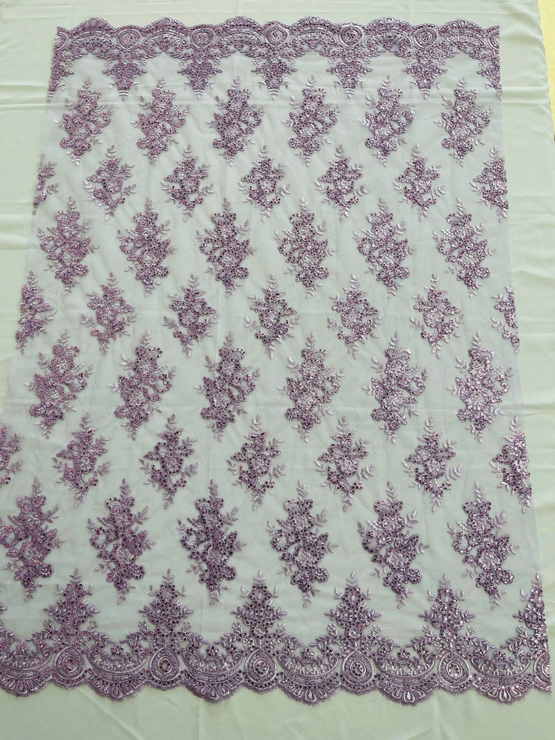 Floral Bridal Lace - Lilac - Flower Damask Design Embroidered on Mesh Lace Fabric