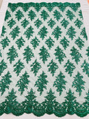 Floral Bridal Lace - Hunter Green - Flower Damask Design Embroidered on Mesh Lace Fabric