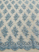 Floral Bridal Lace - Baby Blue - Flower Damask Design Embroidered on Mesh Lace Fabric