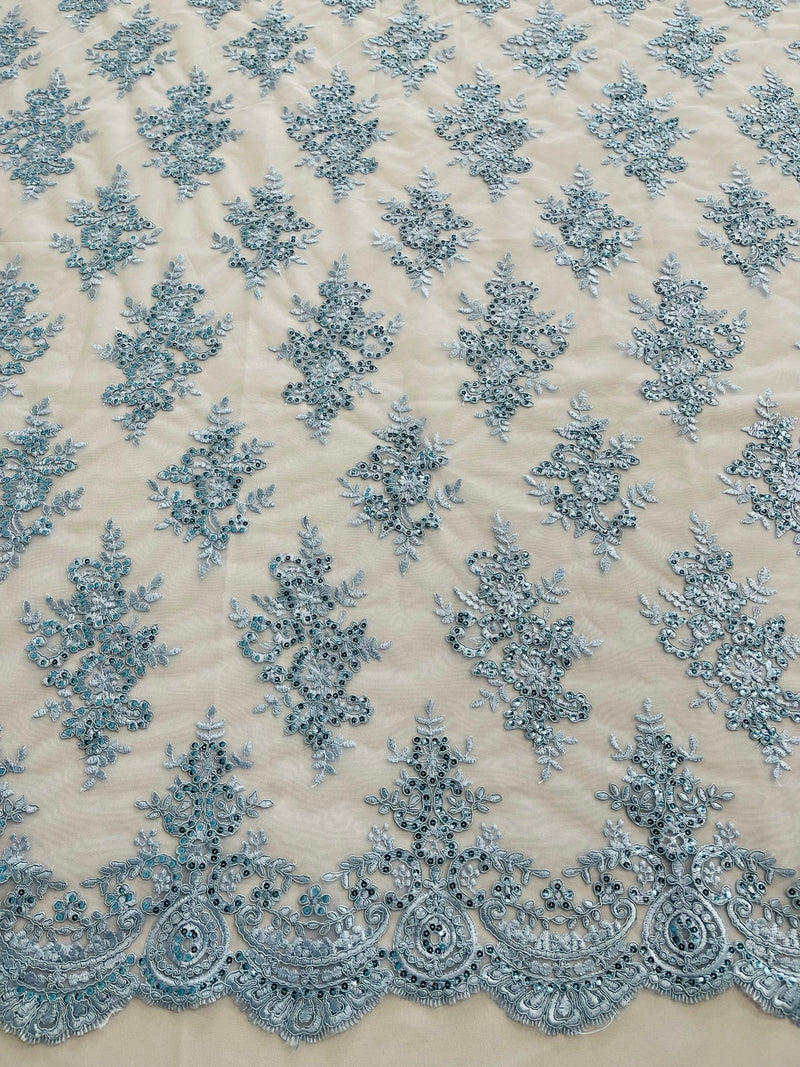 Floral Bridal Lace - Baby Blue - Flower Damask Design Embroidered on Mesh Lace Fabric