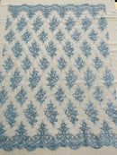 Floral Bridal Lace - Baby Blue - Flower Damask Design Embroidered on Mesh Lace Fabric