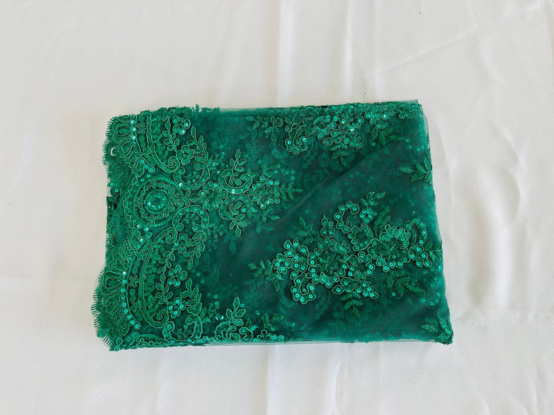 Floral Bridal Lace - Hunter Green - Flower Damask Design Embroidered on Mesh Lace Fabric