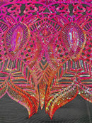 Iridescent Sequin Fabric - Orange/Fuschia - 4 Way Stretch Royalty Lace Sequin By Yard