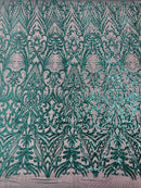 Sequins Fabric - Teal Green - Damask Pattern 4 Way Stretch Fabric Sold By Yard
