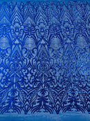 Sequins Fabric - Royal Blue - Damask Pattern 4 Way Stretch Fabric Sold By Yard