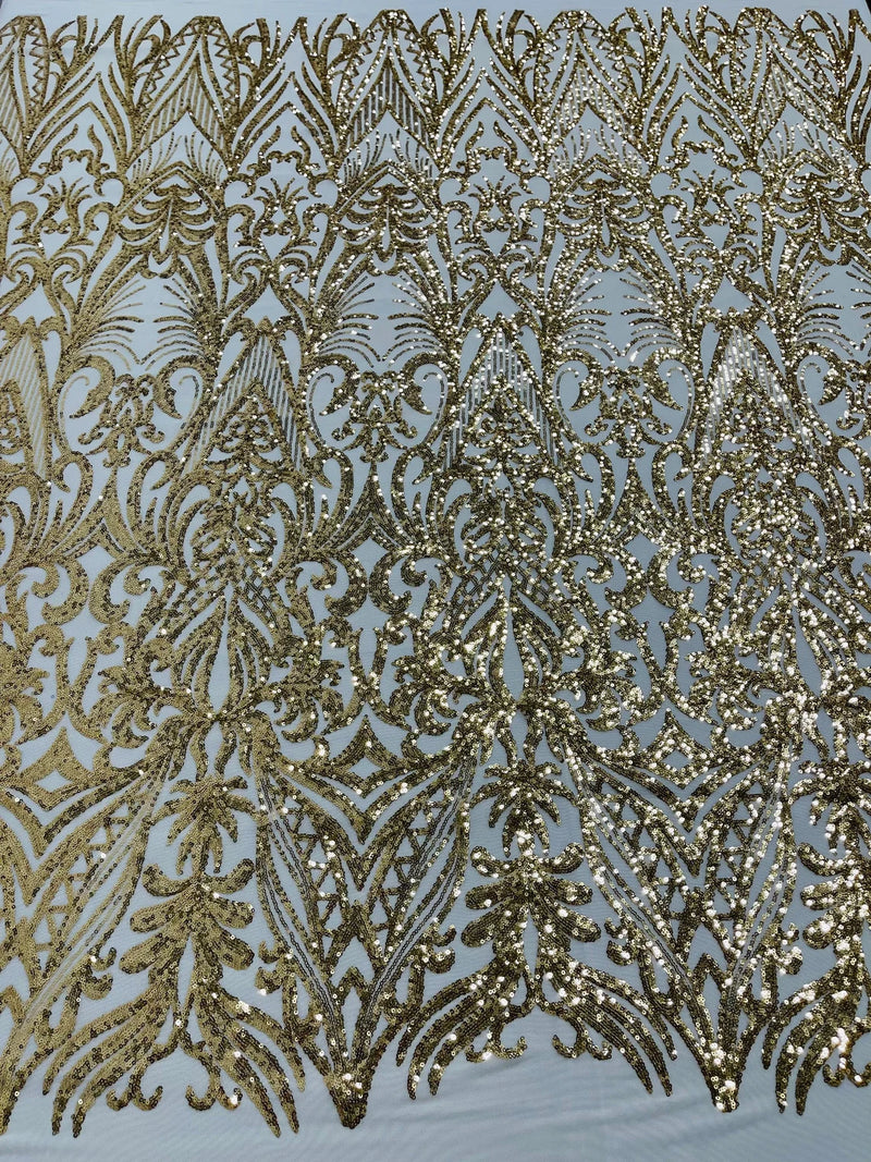 Sequins Fabric - Gold  - Damask Pattern 4 Way Stretch Fabric Sold By Yard