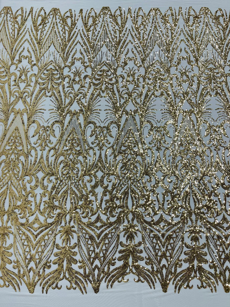 Sequins Fabric - Gold  - Damask Pattern 4 Way Stretch Fabric Sold By Yard