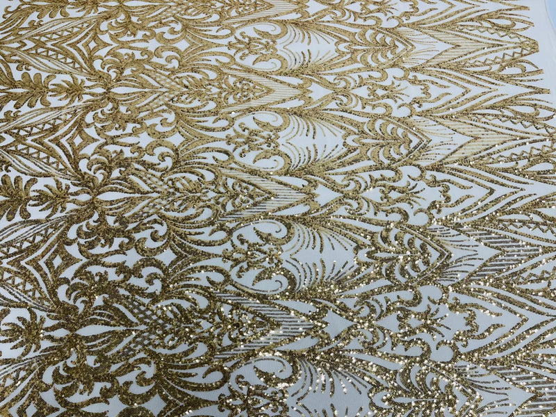 Sequins Fabric - Gold  - Damask Pattern 4 Way Stretch Fabric Sold By Yard