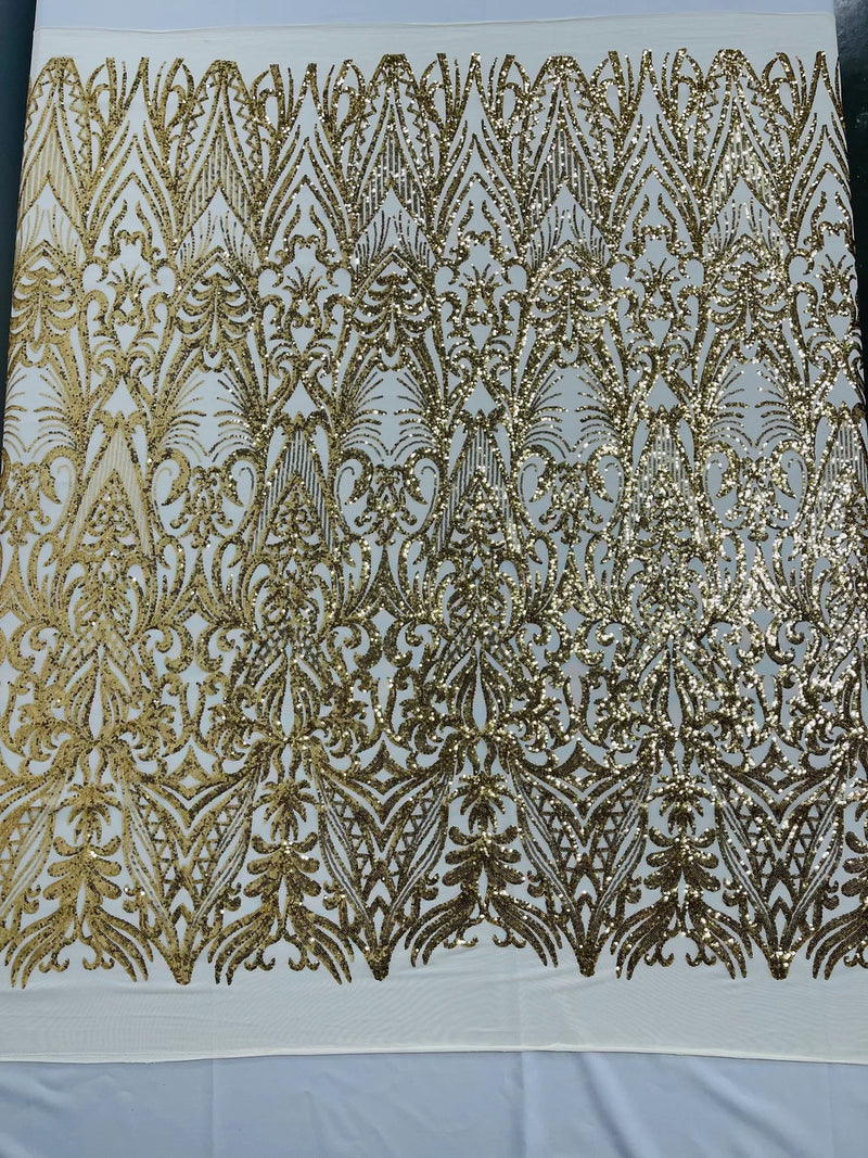 Sequins Fabric - Gold  - Damask Pattern 4 Way Stretch Fabric Sold By Yard