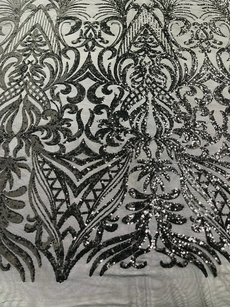 Sequins Fabric - Black - Damask Pattern 4 Way Stretch Fabric Sold By Yard