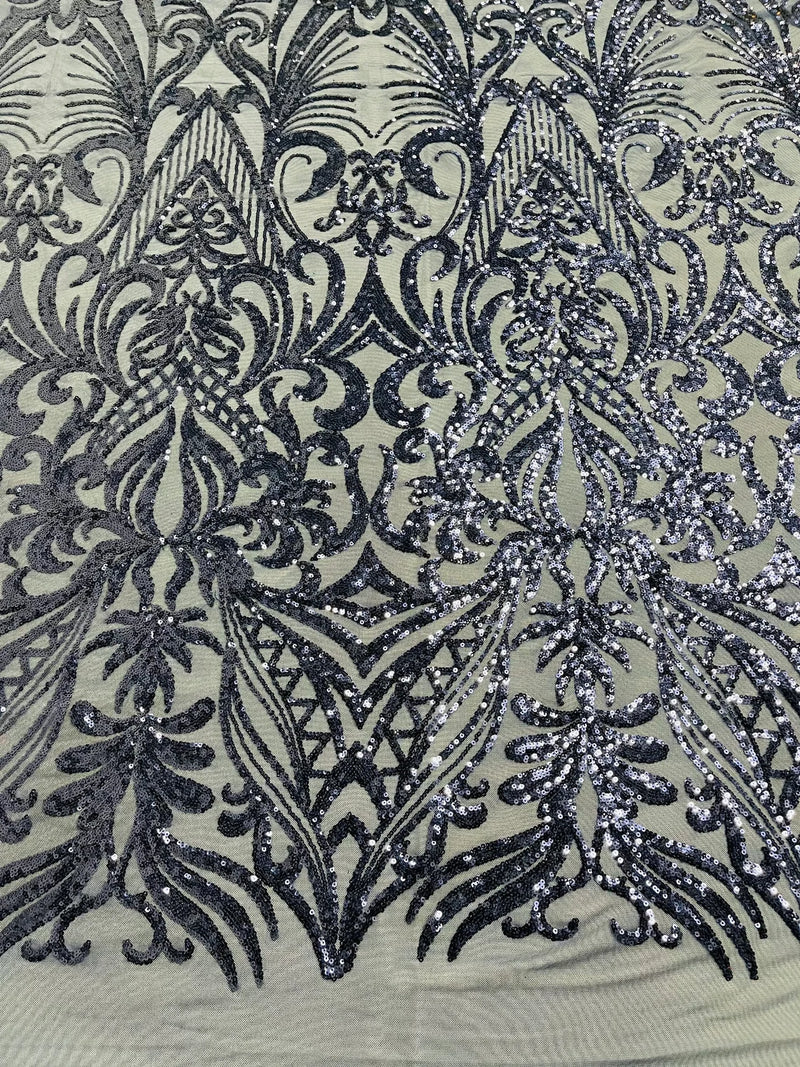 Sequins Fabric - Navy Blue - Damask Pattern 4 Way Stretch Fabric Sold By Yard