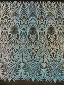 Sequins Fabric - Aqua/Blue on Black - Damask Pattern 4 Way Stretch Fabric Sold By Yard