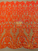 Iridescent Sequins - Orange - Damask Net Fancy Design 4 Way Stretch Fabric By Yard
