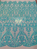 Sequins Fabric - Aqua/Blue on Nude - Damask Pattern 4 Way Stretch Fabric Sold By Yard