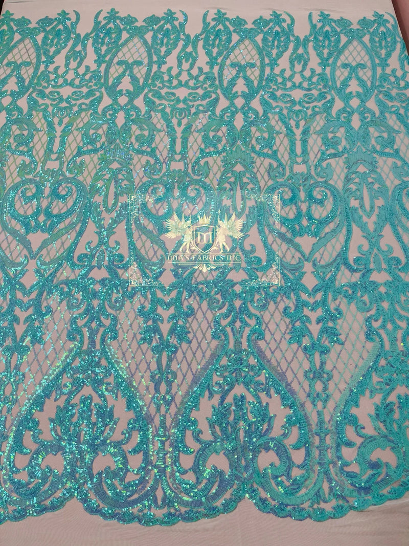 Sequins Fabric - Aqua/Blue on Nude - Damask Pattern 4 Way Stretch Fabric Sold By Yard