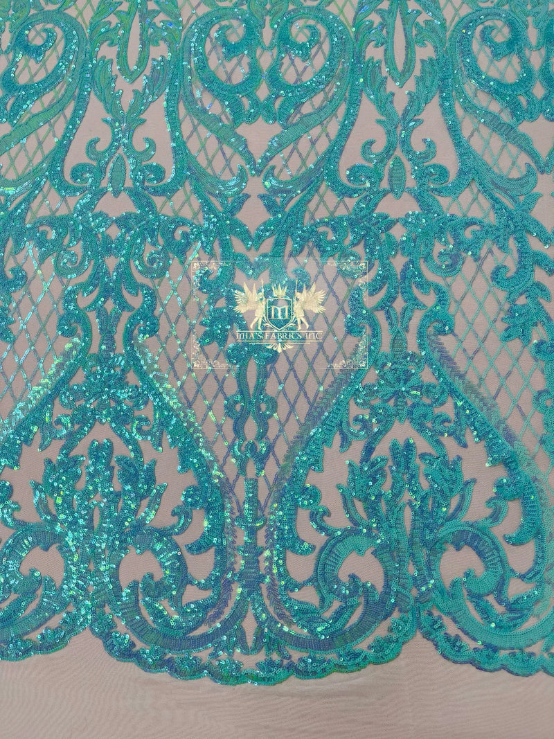 Sequins Fabric - Aqua/Blue on Nude - Damask Pattern 4 Way Stretch Fabric Sold By Yard