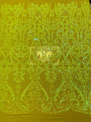 Iridescent Sequins - Yellow - Damask Net Fancy Design 4 Way Stretch Fabric By Yard