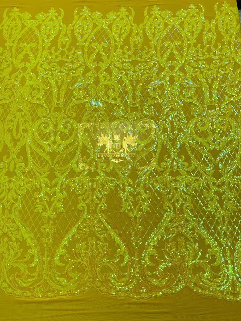 Iridescent Sequins - Yellow - Damask Net Fancy Design 4 Way Stretch Fabric By Yard