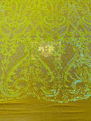 Iridescent Sequins - Yellow - Damask Net Fancy Design 4 Way Stretch Fabric By Yard
