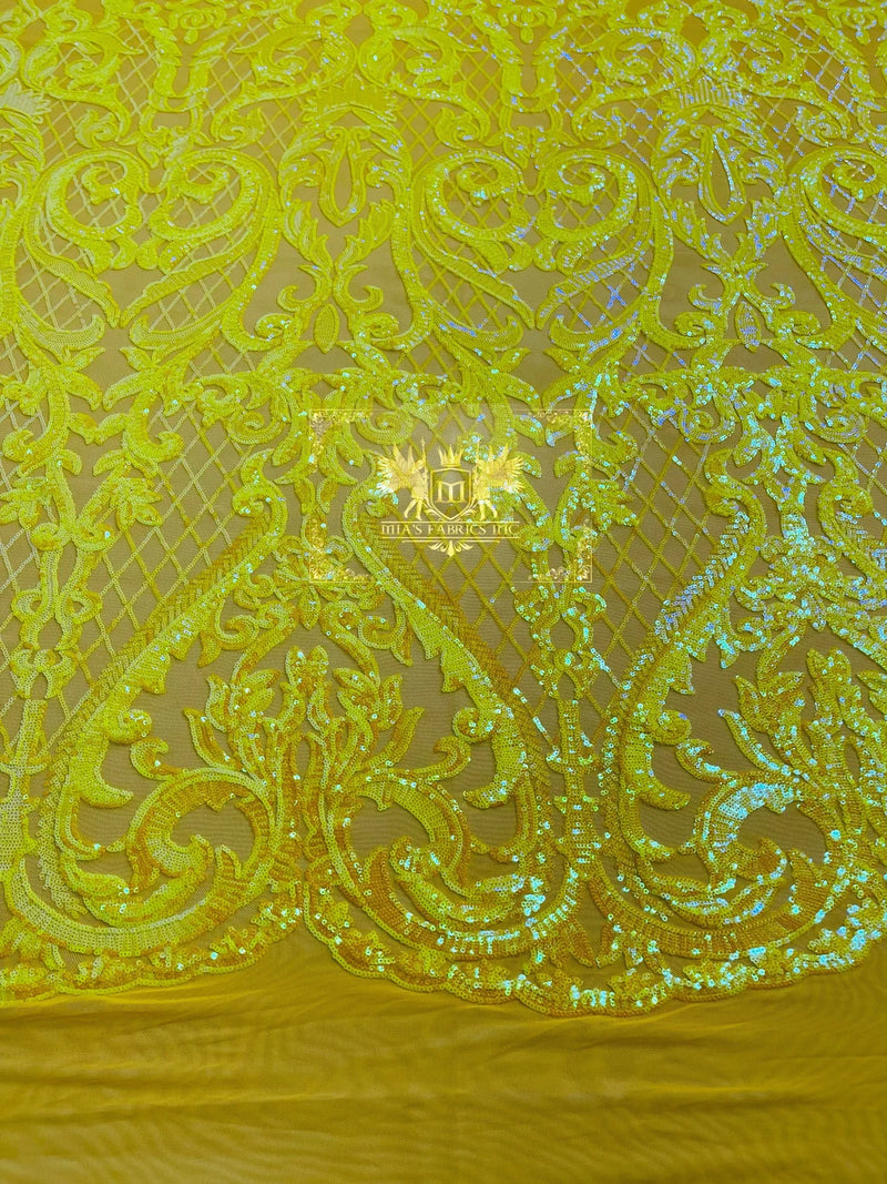 Iridescent Sequins - Yellow - Damask Net Fancy Design 4 Way Stretch Fabric By Yard