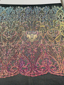 Iridescent Sequins - Rainbow - Damask Net Fancy Design 4 Way Stretch Fabric By Yard