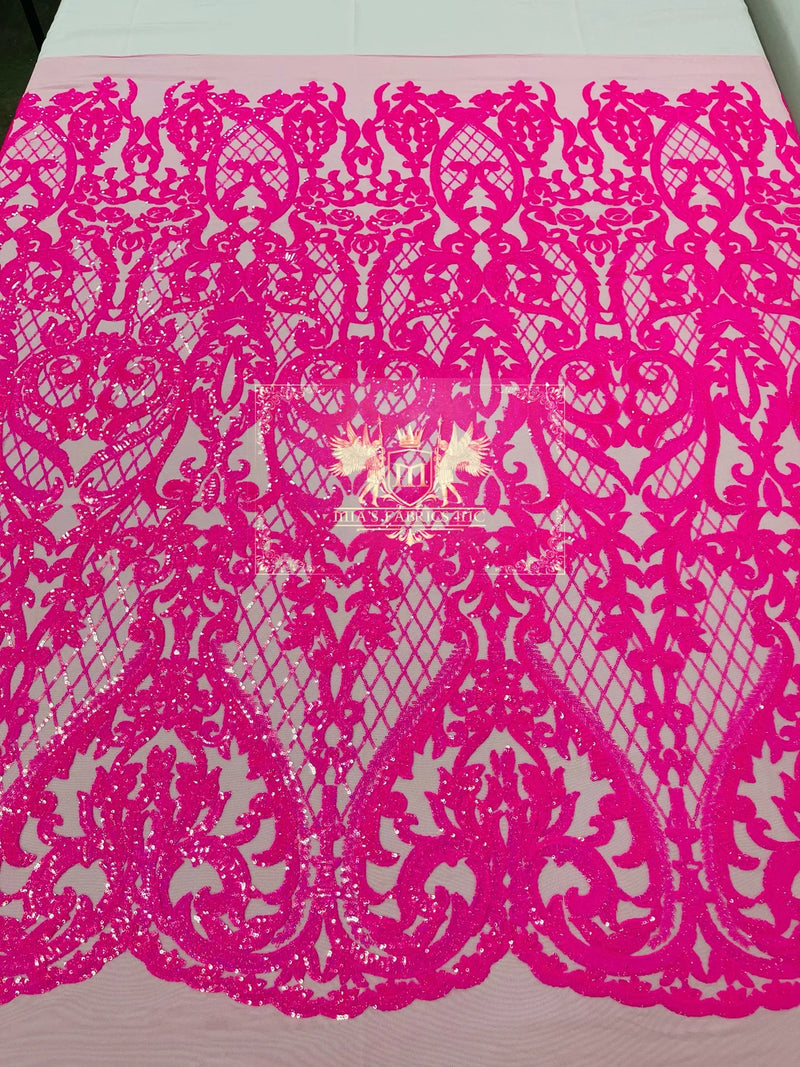 Iridescent Sequins - Pink - Damask Net Fancy Design 4 Way Stretch Fabric By Yard