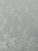Floral Cluster Fabric - White - Embroidered Floral Lace w/ Sequins on a Mesh Lace By Yard