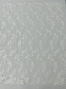 Floral Cluster Fabric - White - Embroidered Floral Lace w/ Sequins on a Mesh Lace By Yard